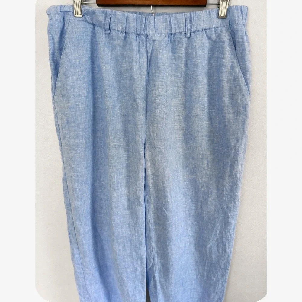 Quince French Blue 100% European Linen Straight Leg Elastic Waist Pants Sz L